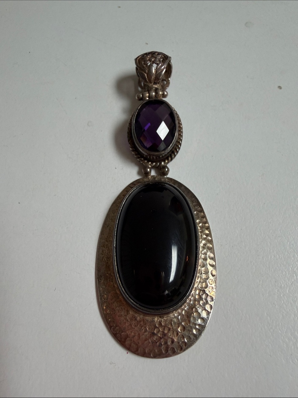 Large AF signed. Sterling Silver Black Onyx and Purple Amethyst Pendant